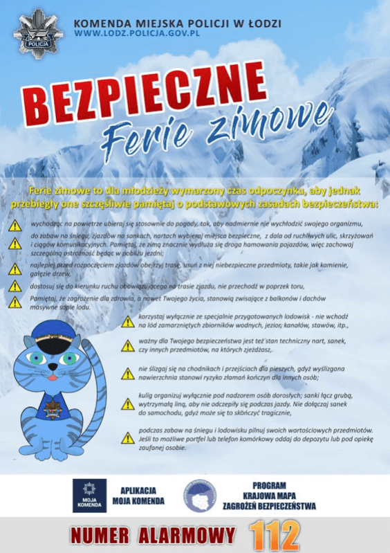 Bezpieczne ferie zimowe - plakat KMP w Łodzi