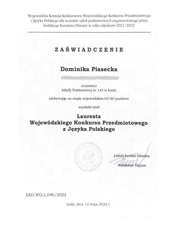 Zaświadczenie Laureata Konkursu Przedmiotowego z Języka Polskiego - D. Piasecka