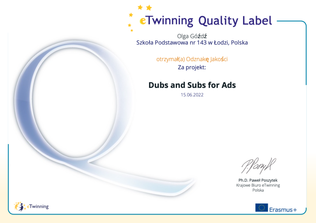 eTwinning Quality Label - Dubs and subs for ads