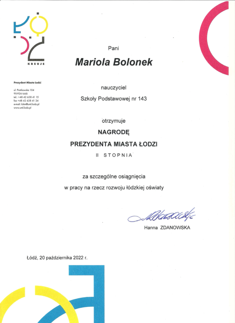 Nagroda Prezydenta Miasta Łodzi dla Marioli Bolonek